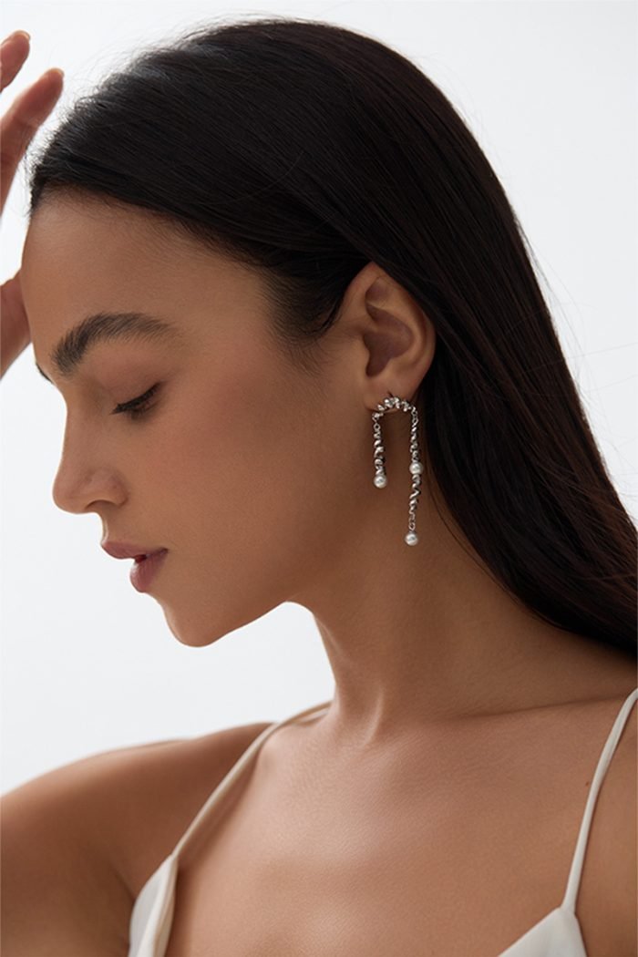 sterling silver spring and natural pearls drop earrings