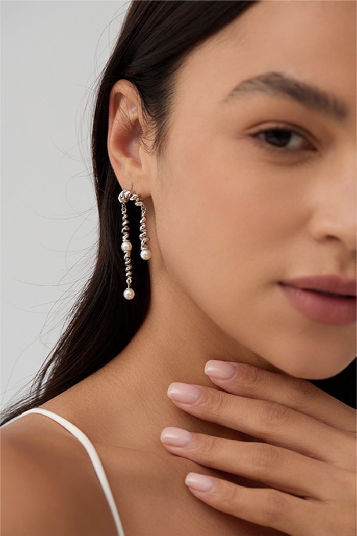 sterling silver spring and natural pearls drop earrings