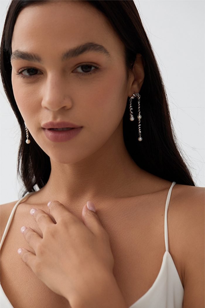 sterling silver spring and natural pearls drop earrings