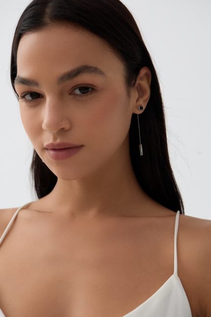 Square gemstone silver wire dangle earrings