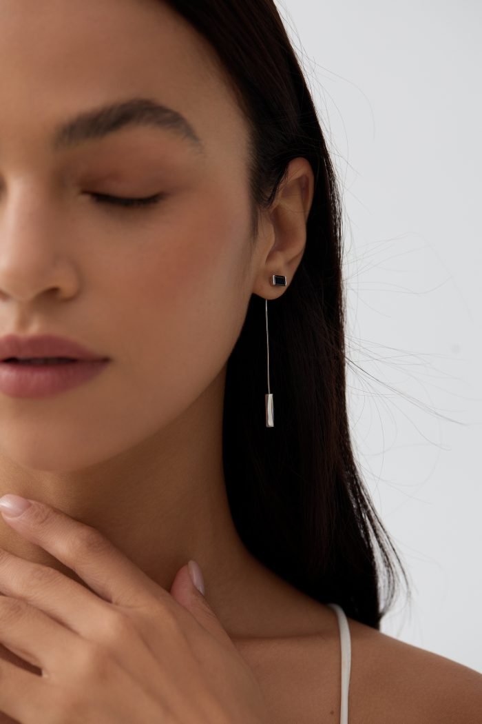 Square gemstone silver wire dangle earrings