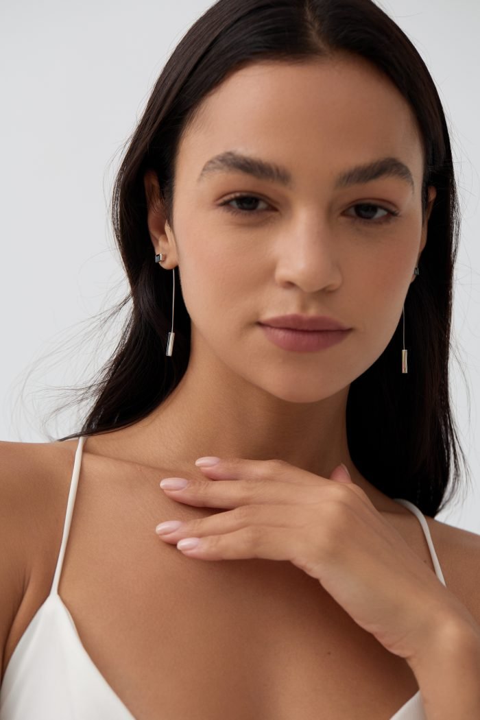 Square gemstone silver wire dangle earrings