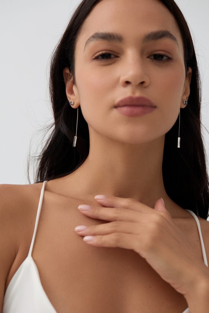 Square gemstone silver wire dangle earrings