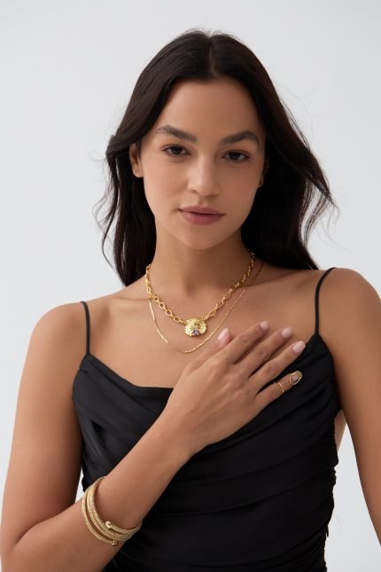 Double stacked tiger head set purple cubic zirconia necklace