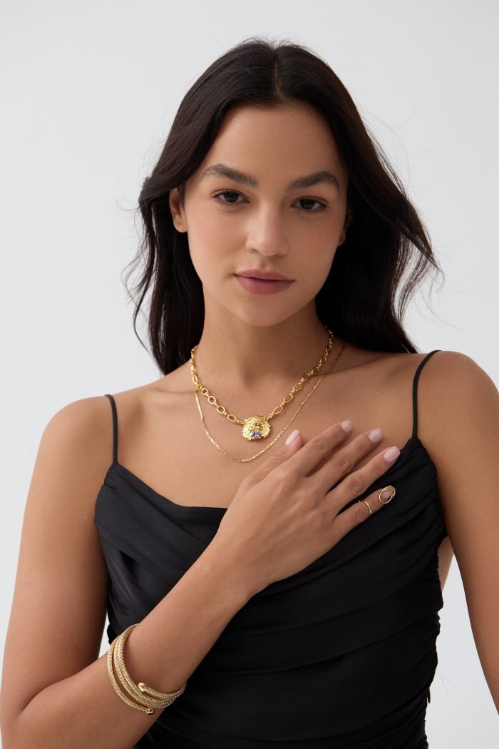 Double stacked tiger head set purple cubic zirconia necklace