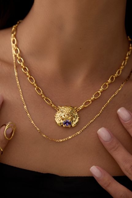 Double stacked tiger head set purple cubic zirconia necklace