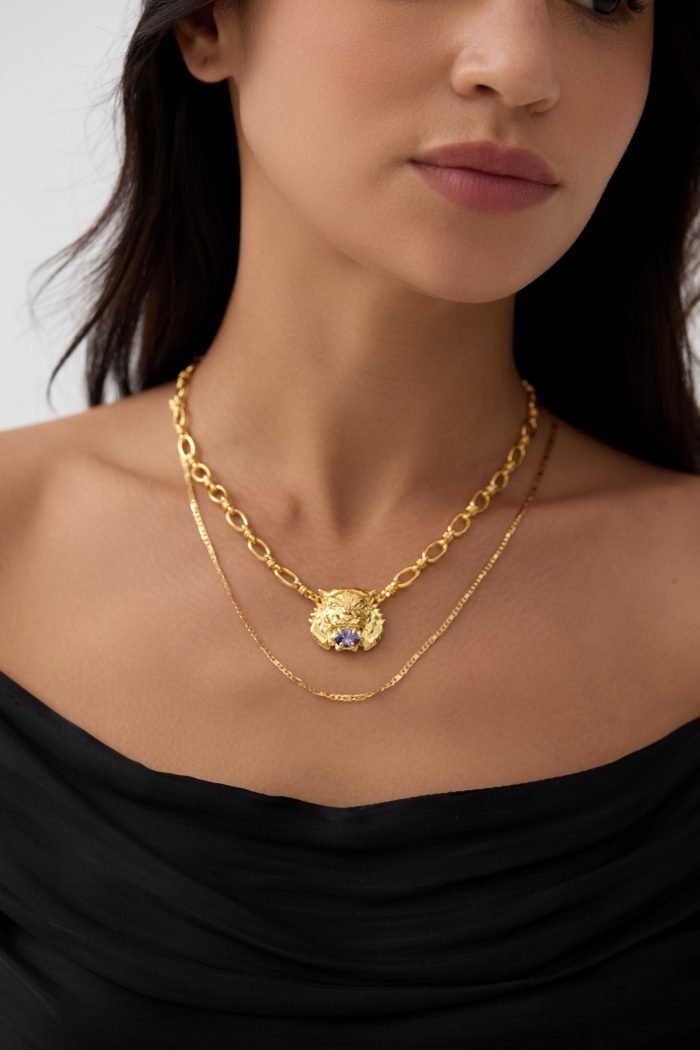 Double stacked tiger head set purple cubic zirconia necklace