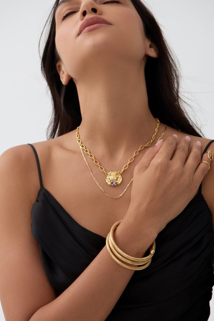 Double stacked tiger head set purple cubic zirconia necklace