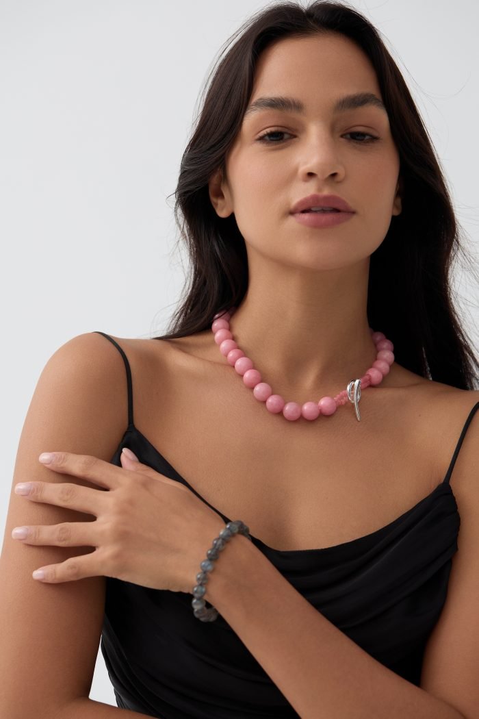 Handmade Rose Quartz stone necklace with energy Moonstone bracelet set