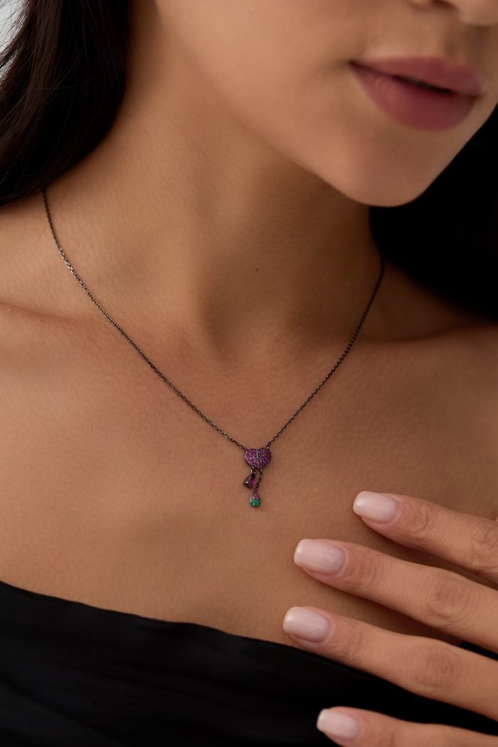 pink heart and electroplated black gold necklace