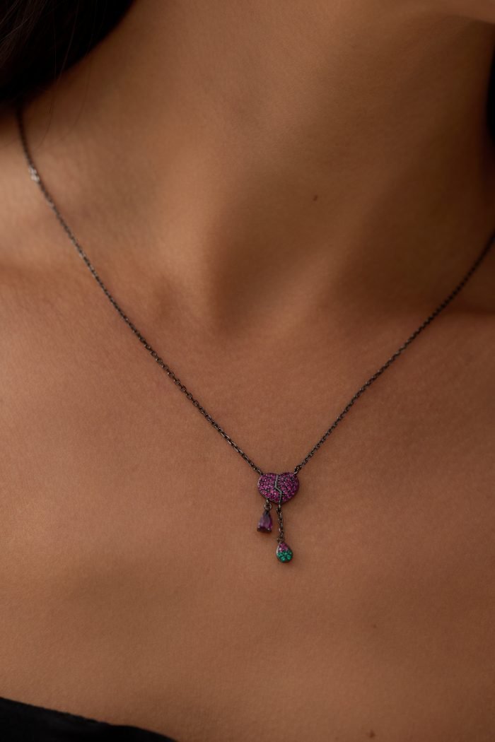 pink heart and electroplated black gold necklace