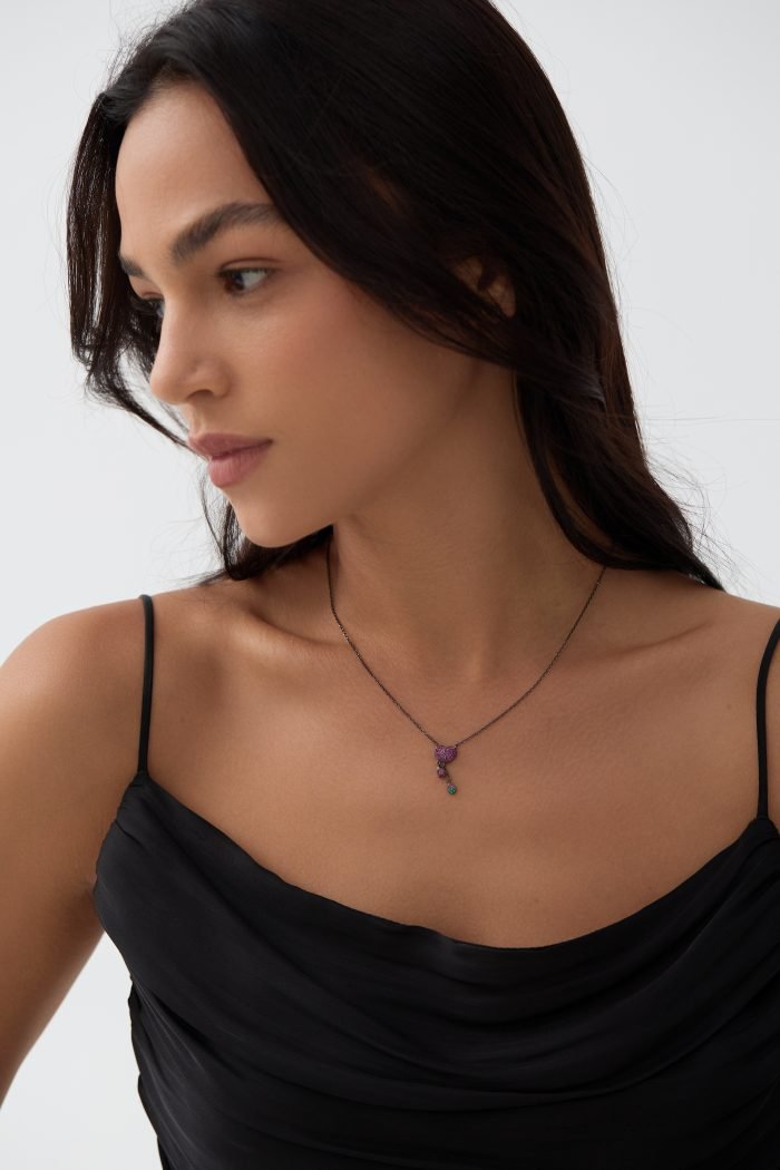 pink heart and electroplated black gold necklace