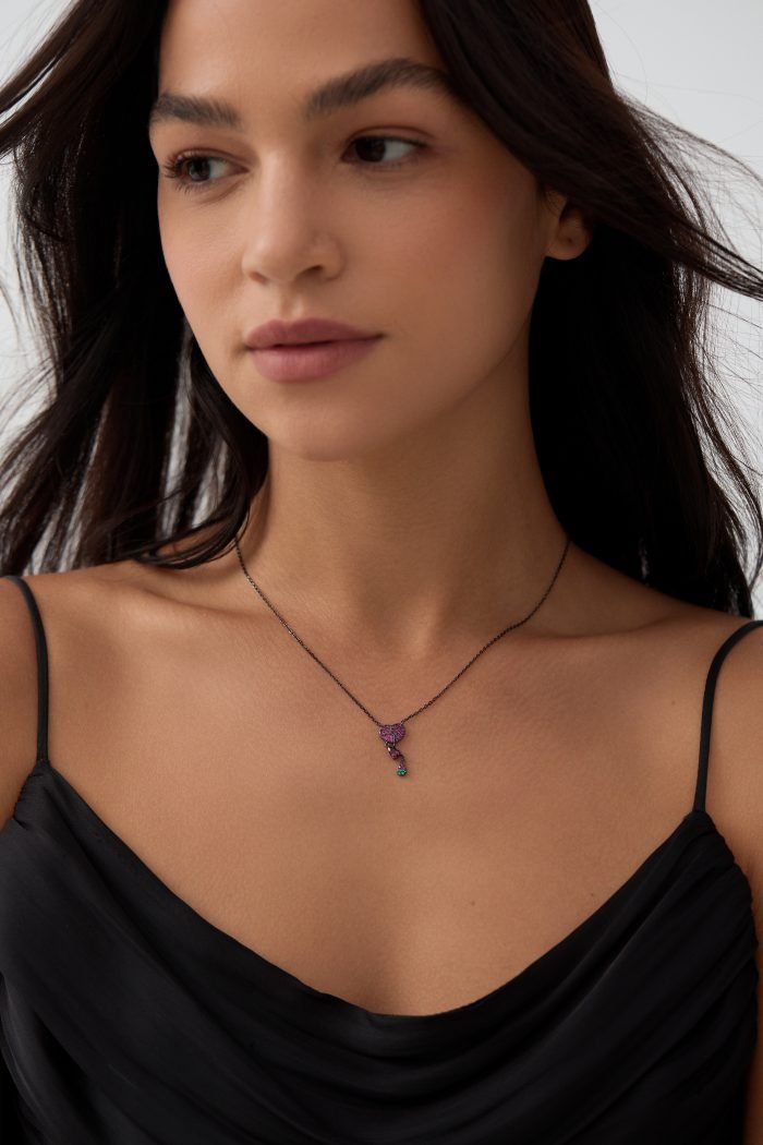 pink heart and electroplated black gold necklace