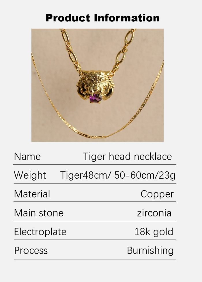 Double stacked tiger head set purple cubic zirconia necklace