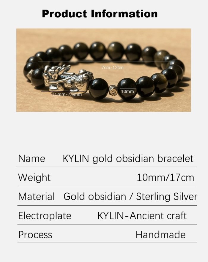 Handmade sterling silver PIXIU with gold obsidian lucky bracelet
