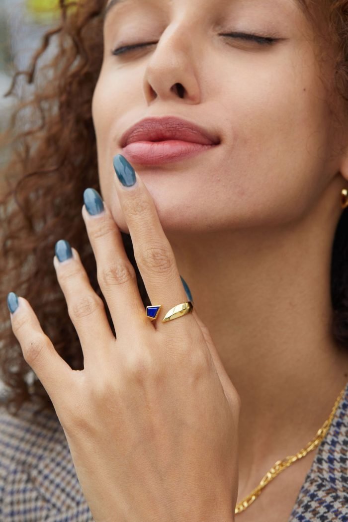 sterling silver ring set with lapis lazuli Gold set lapis lazuli three-dimensional open ring