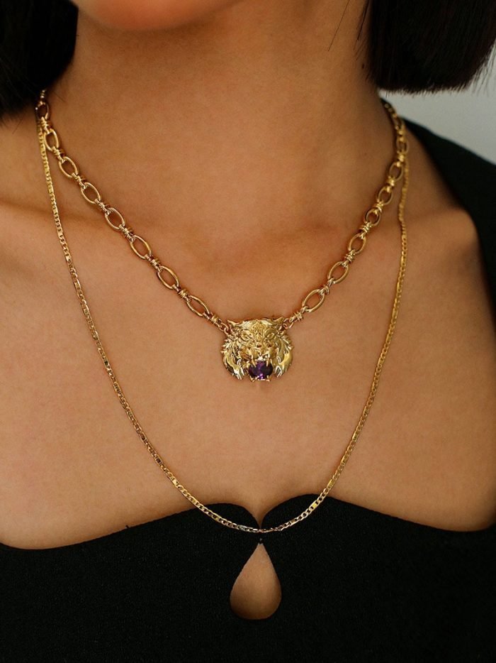 Double stacked tiger head set purple cubic zirconia necklace