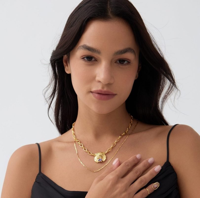 Tiger Head Pendant Stacked with Gold Necklace and Three layer spring gold bracelet