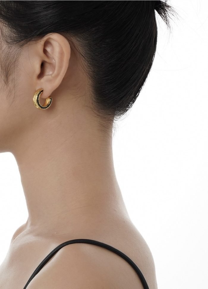 Gold inlaid enamel c hoop earrings