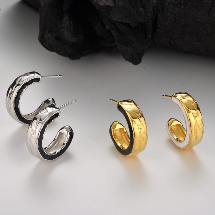 Gold inlaid enamel c hoop earrings