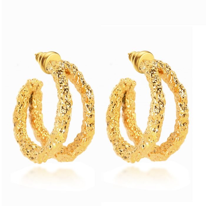 Rock texture double hoop gold earrings - Image 6