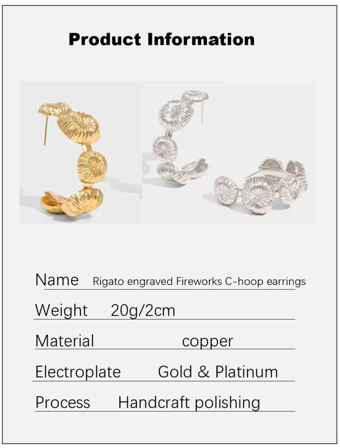 Rigato engraved Fireworks C-hoop earrings gold and silver hoops